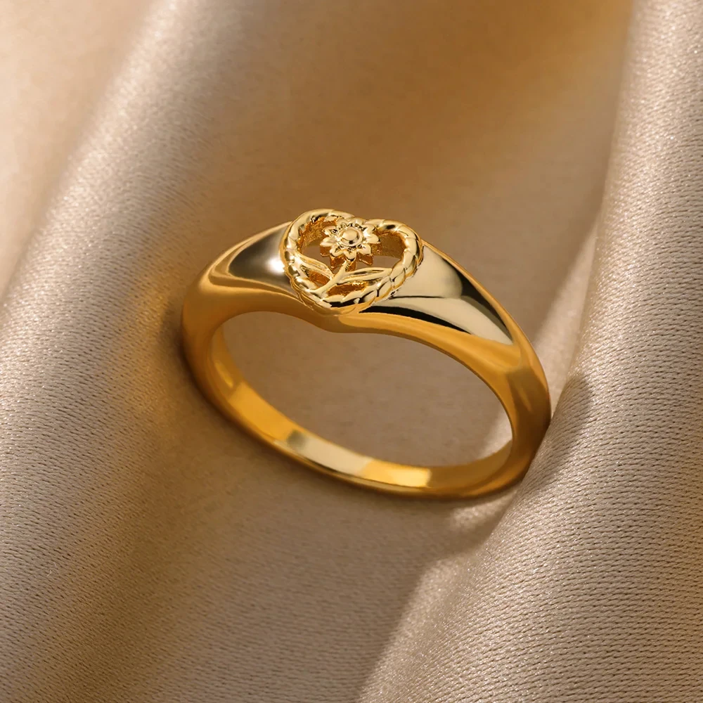 Sunflower Heart Rings For Women Gold Color Stainless Steel Finger Ring