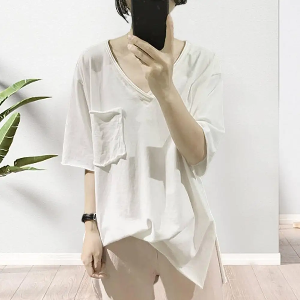 

Женская однотонная блузка с V-образным вырезом, свободного кроя