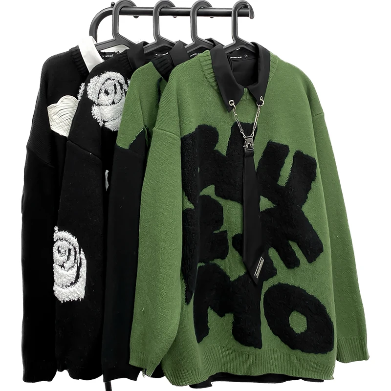 New Fashion Brand American Retro Alphabet Towel Embroidery Sweater Men's Loose Ins Hip-Hop Loose Knitwear For Women's Clothes