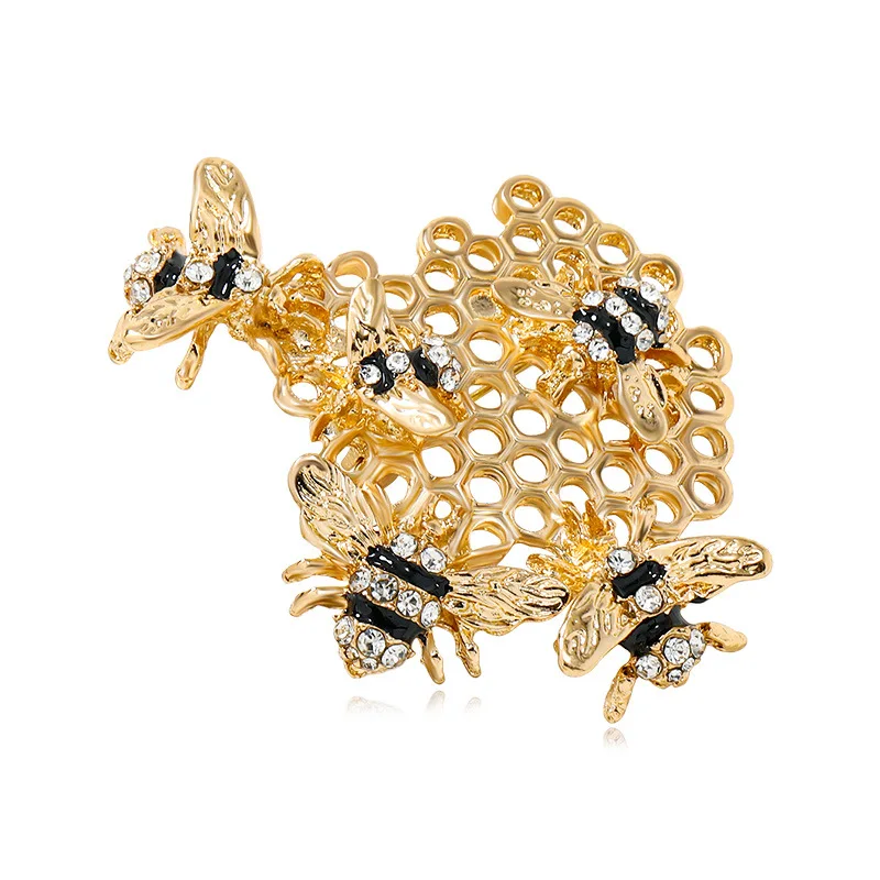 Luxury Gold Color Bees Hive Pins Painted Hollow Enamel Corsage