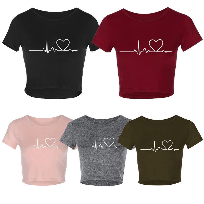 

2023 New Ladies Heart-shaped Print Short-sleeved T-shirt Fashion Round Neck T-shirt Women Tops