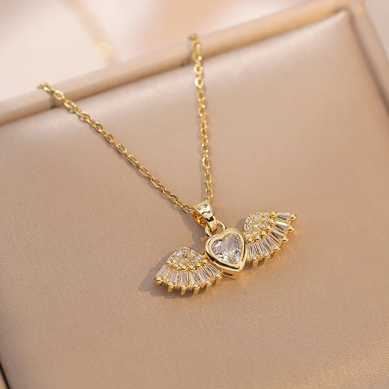 Light luxury fashion angel wings love heart zircon titanium steel necklace for women, pendant