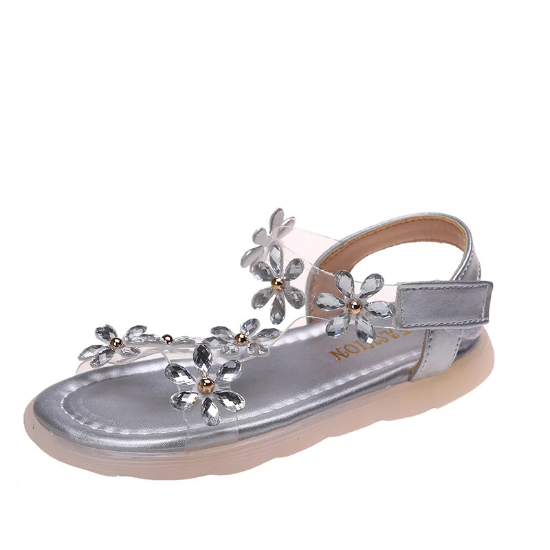 Baby Girl Sandals Crystal Bling Diamond Flower Princess Dance Shoes Summer Small Big Kids Party Shoes 1-3-4-6-7-12 Years Old
