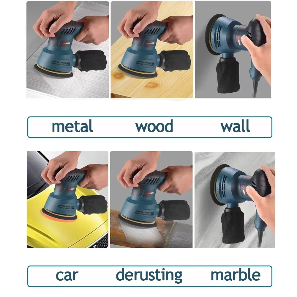 300W Electric Eccentric Sander 6 Gears Speed Adjustment 5 Inch 125mm Wood Sanding Processing Car Polishing Machine With Dust Box 6