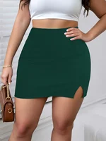 Ladies Plus Size Solid Color Bodycon Mini Skirt with Side Slit Fashion Pencil Skirt - Image 6