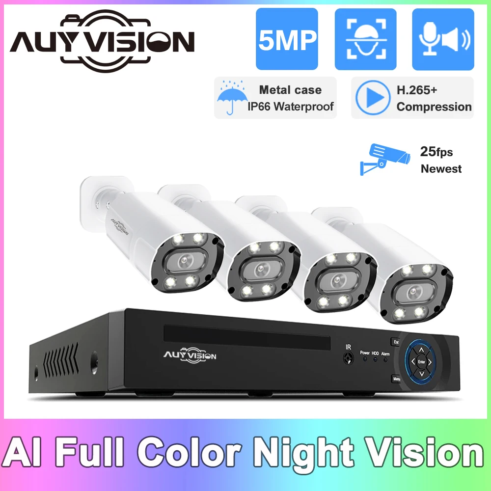 

4CH H.265+ 4K POE NVR CCTV System Kit Two-Way Audio 5MP Color Night Vision Waterproof IP Camera Video Security Surveillance Set