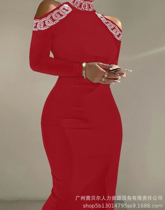 

Women's Party Dress 2024 Spring Latest Sexy Rhinestone Decor Cold Shoulder Midi Dress Wedding Guest Chain Long Sleeve Long Skirt