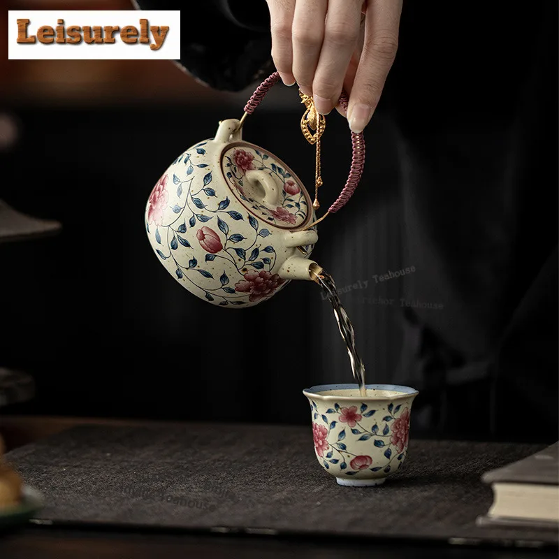 220ML Caramel Glaze Peony Lifting Handle Teapot Antique Tea Infuser Pot Tea Soaking Kettle With Ball Hole Teaware Decoration