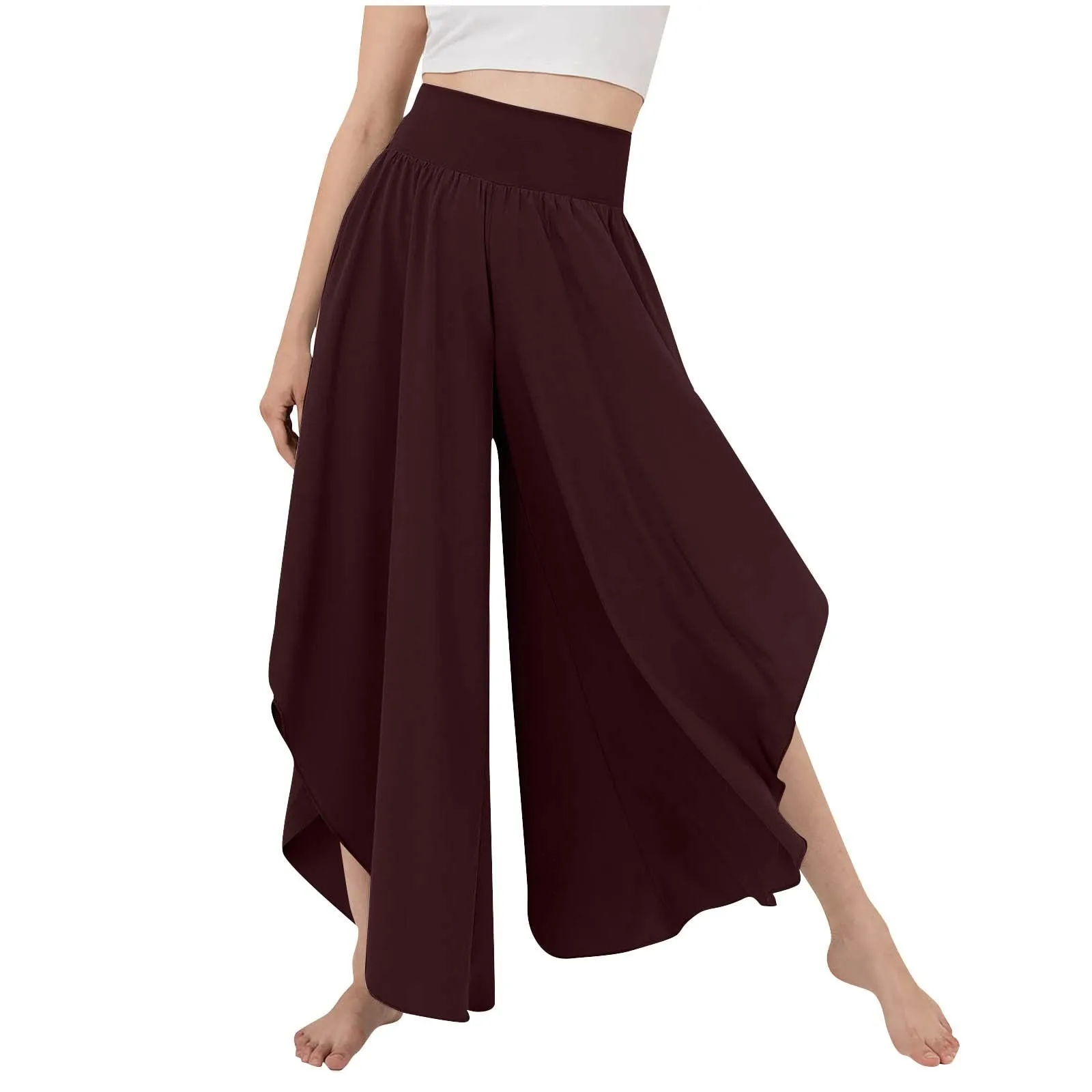 Women's Flowy Large Size Palazzo Pants Irregular Hem High Waist Casual Cropped Pants Summer Lightweight Elastic Beach Pants