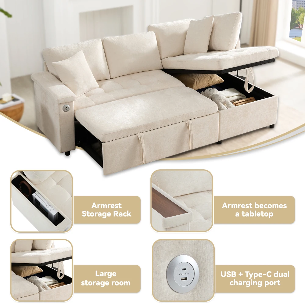 Wohnzimmer L-förmiges Sofa mit Ausziehbett, Ausgestattet mit Stauraum, USB-Ladegerät, Armlehnen-Stauraum und 2 Kissen – Detail 10