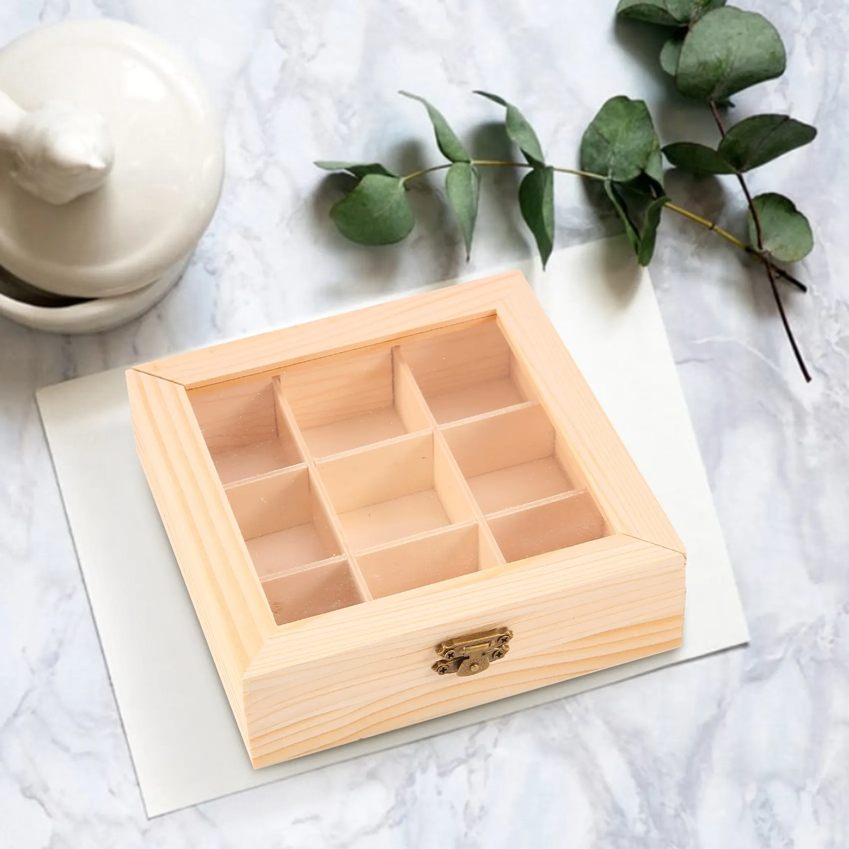 Wooden Tea Bag Jewelry Organizer Chest Storage Box 9 Compartments Tea Box Organizer Wood Sugar Packet Container 3