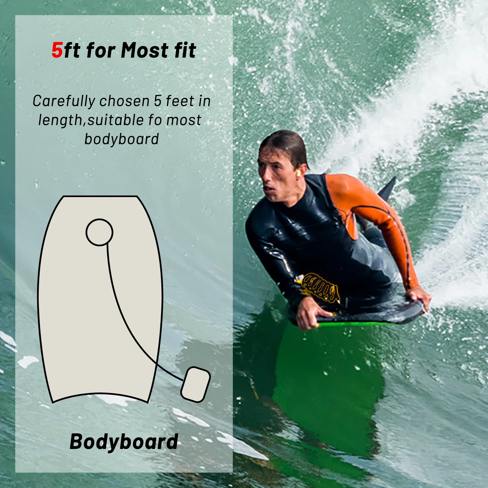 5.5MM Thick Body Surfing Leash by Upsurf-5ft Black Coiled Safety Strap for Swim & Board Sports