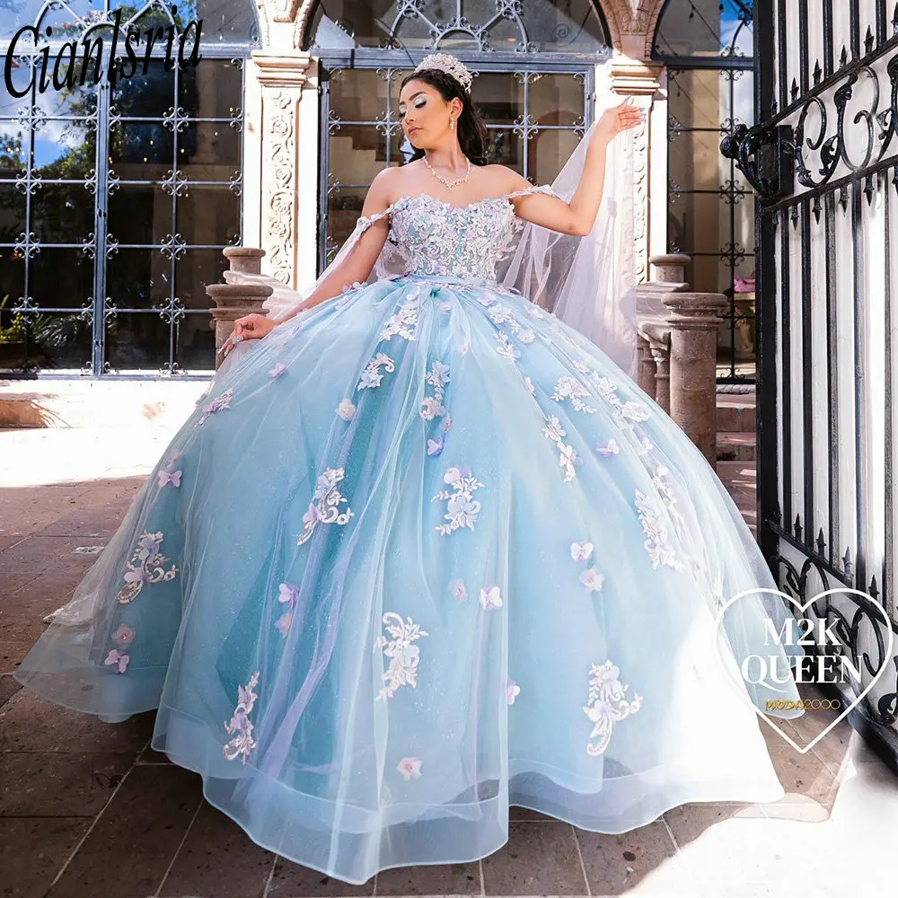 

Light Blue 3D Flowers Bow Ball Gown Quinceanera Dress Off The Shoulder Appliques Lace Corset Vestidos De XV Años