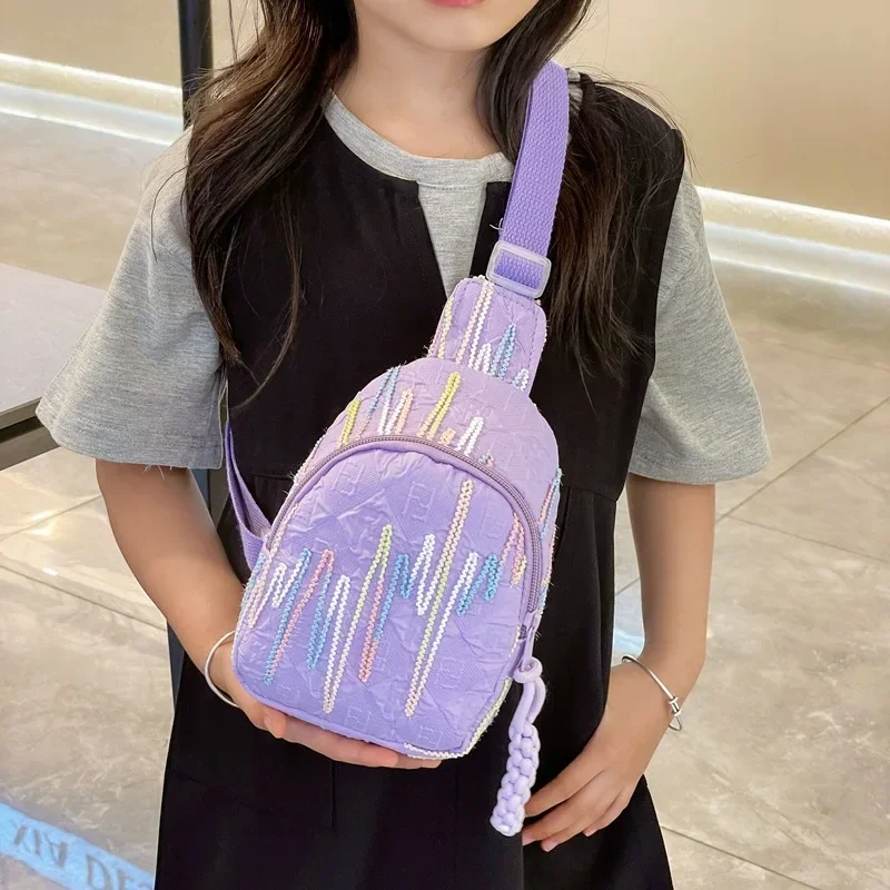 حقيبة كتف بخط ملون للأطفال الصغار ، نايلون ناعم ، حقائب خصر جميلة للفتيات ، سعة كبيرة ، محفظة حمل لطيفة للأطفال ، حقائب يد