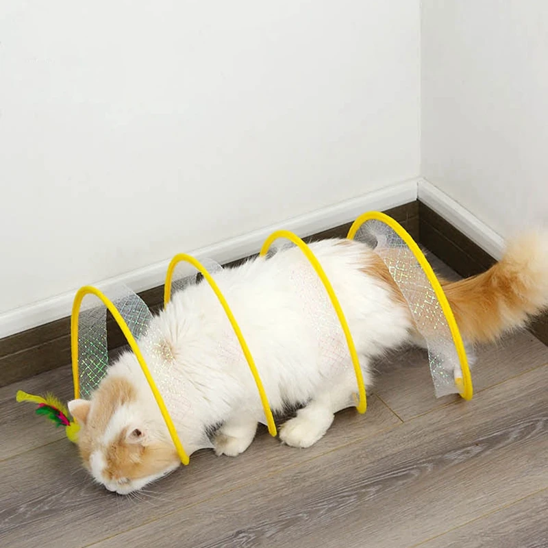 New Foldable Cat Tunnel Cat Tunnel Pet Toy， Feather Mouse Bell Self High Amusement Amusement Elastic Mesh Teasing Stick