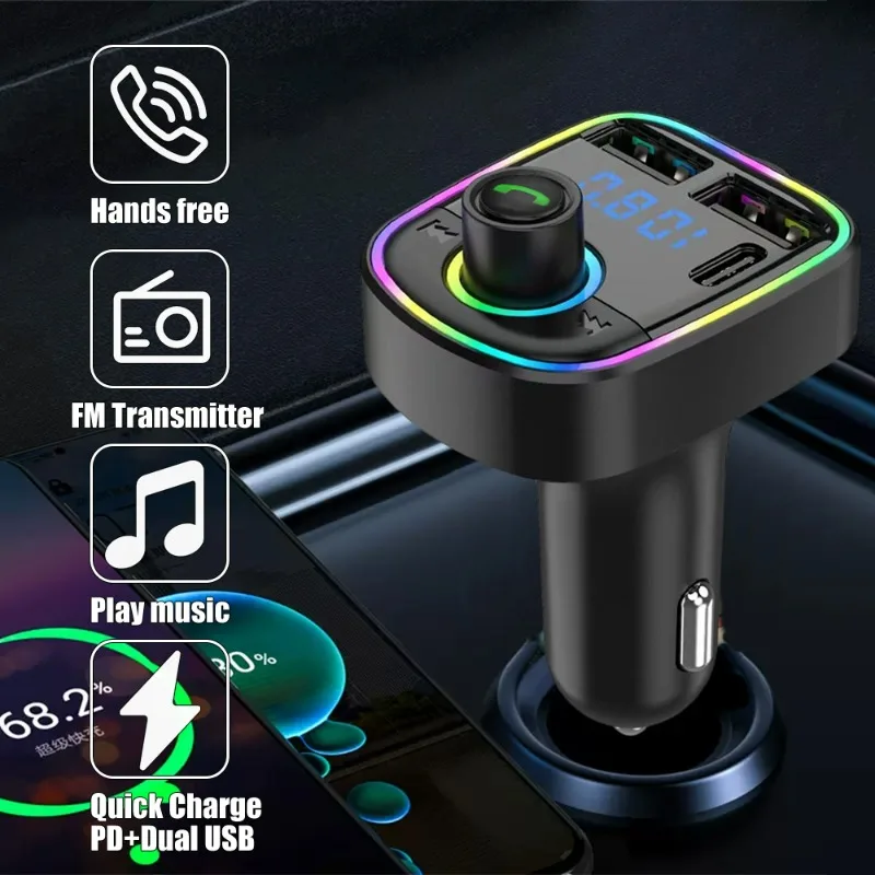 

Car Bluetooth 5.2 FM Transmitter Hands-free Call Dual USB PD Type-C Fast Charging Colorful Ambient Light Charger Player