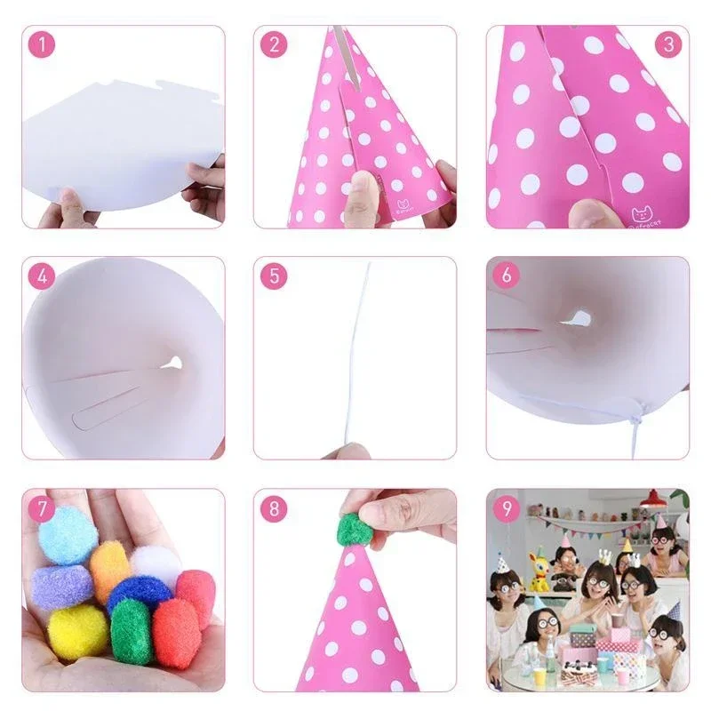 11 Pieces Happy Birthday Party Hats Polka Dot DIY Cute Handmade Cap Crown Shower Baby Decoration Boy Girl Gifts Supplie