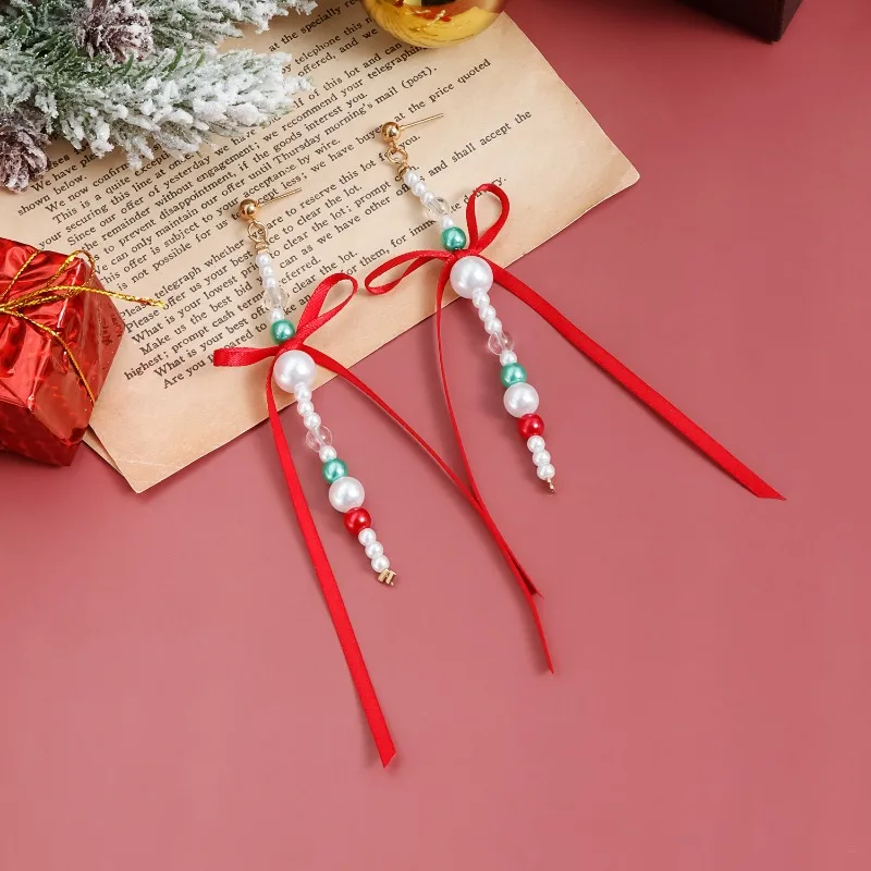 Cute Pearl Christmas Hat Pendant Necklace  for Women Green Red Beads Earrings Girls Gift Party New Year Jewelry Gifts