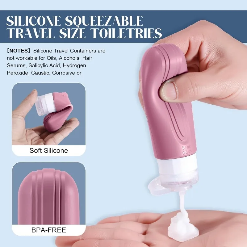 Silicone Travel Toiletries Refillable Leak-Proof Containers Set - 90ml Portable Squeezable Bottles