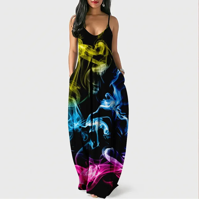 Sexy Smoke Sling Sleeveless Element Maxi Dress Women O Neck Casual 2023 Summer Simple Bohemian Sweet Long Dresses