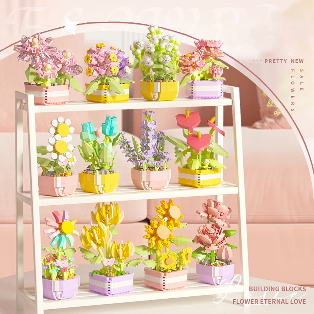 

Kawaii Flower Succulents Building Blocks Everlasting Flower Bonsai Tree Gardens Romantic Bricks DIY Potted Plants Model Kids Toy