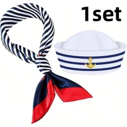 Navy Blue & White Striped Sailor Hat and Scarf Costume Set - Cosplay Party Accessories (1set)