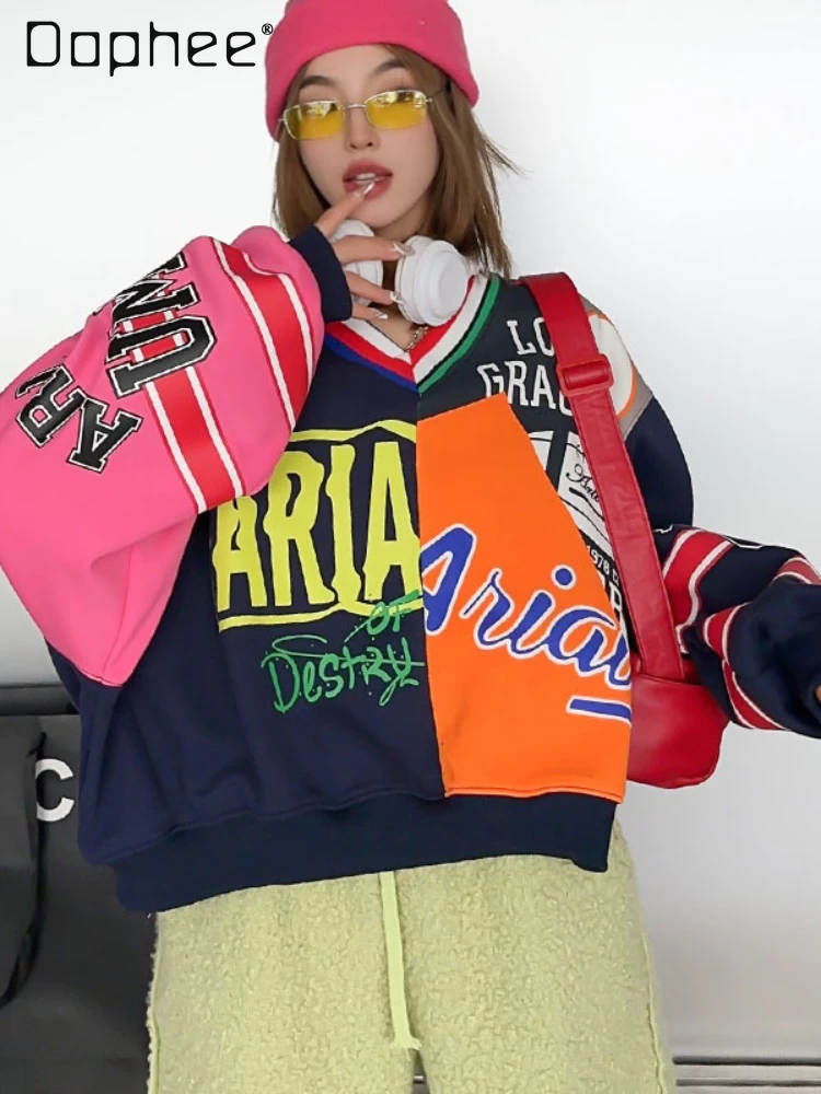 

Oversized Sweatshirts Spring Autumn Fashion Stitching Contrast Color Long Sleeves Loose Casual V-neck Short Hoodies Women