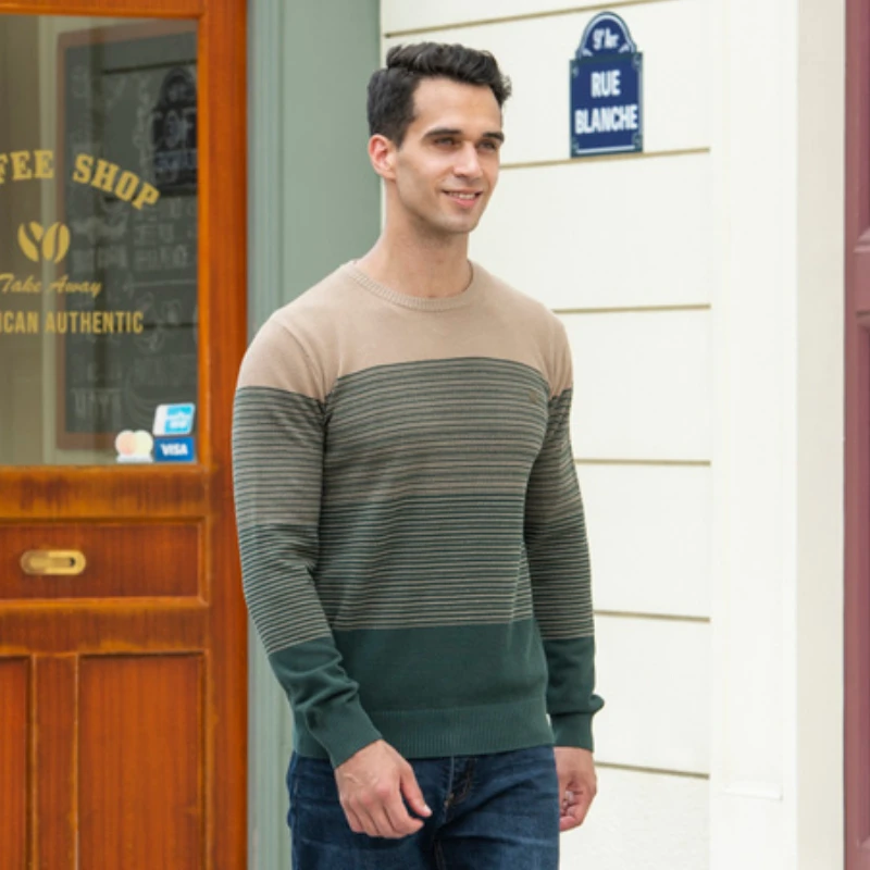 

Autumn Winter Stripe Retro Warm Mens Sweaters Cotton Sweater Men Knitted Sweater Male Fashion Casual O-Neck Spliced Pullovers