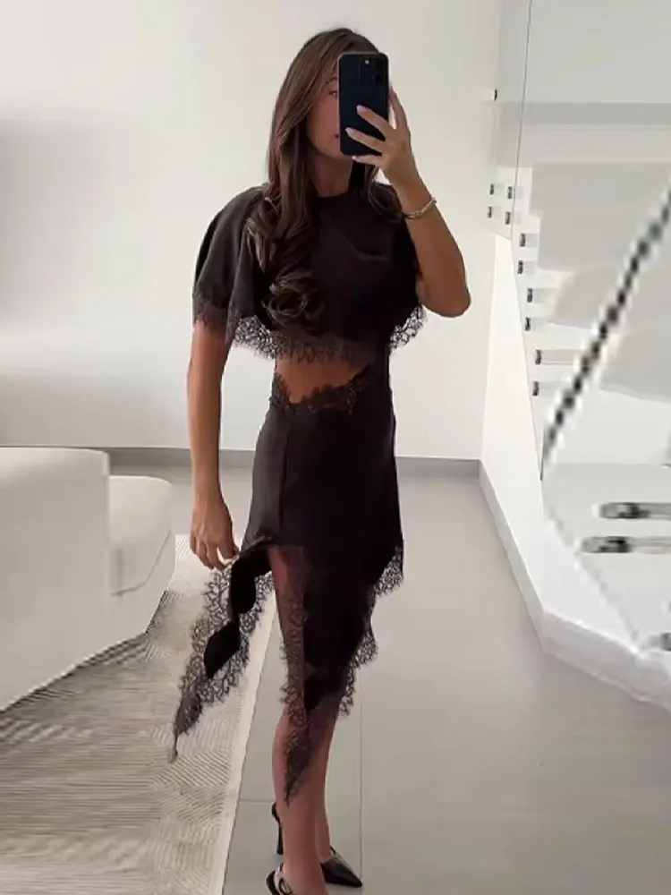 HH Women Fashion Exposed Waist Dress O Neck Sleeveless Asymmetrical Lace Dresses Elegant Woman Evening Club Party Mini Dress