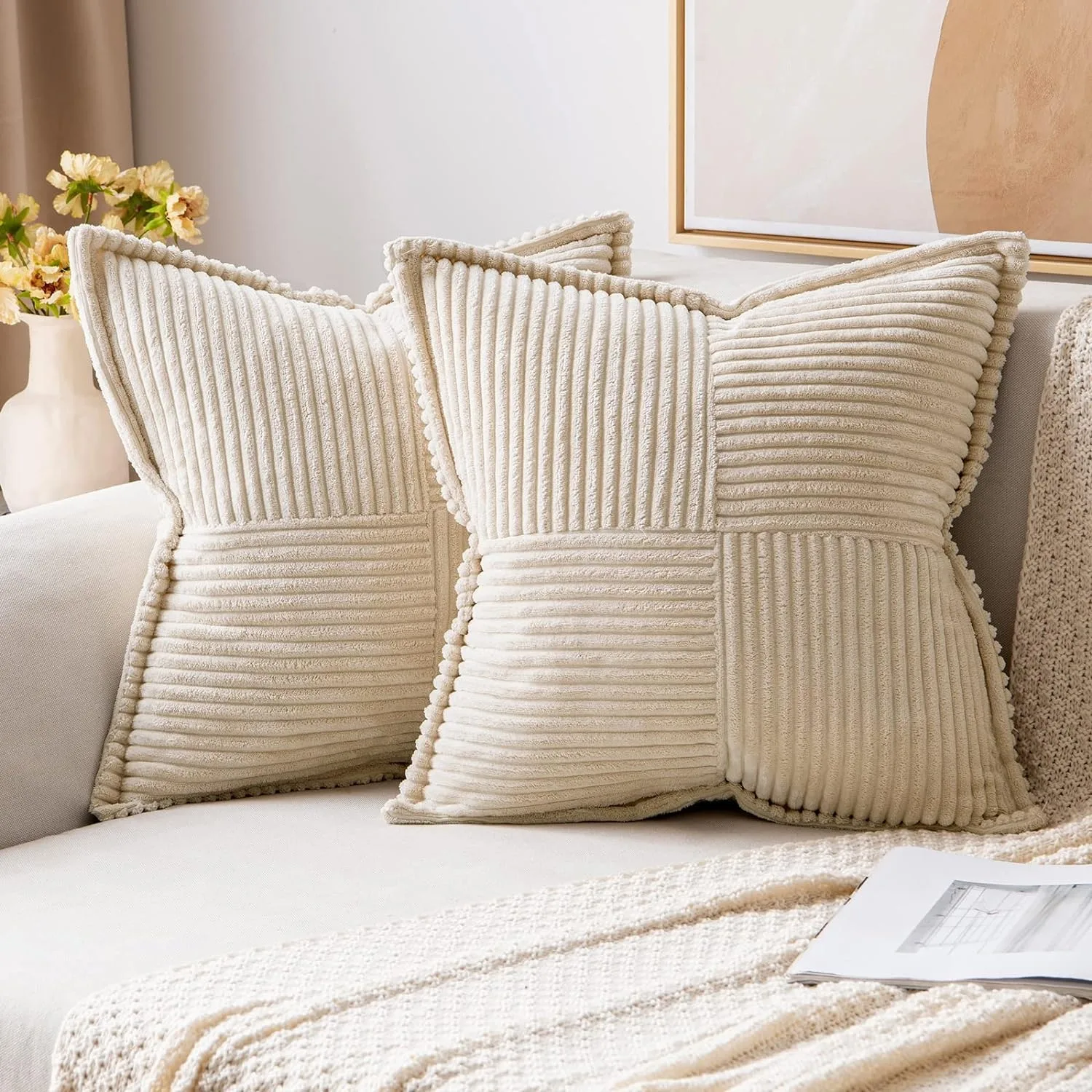 Beige Corduroy Decorative Throw Pillow Covers with Splicing 18x18 Inch Luxurious Textured Boho Striped Broadside Cushion Cover