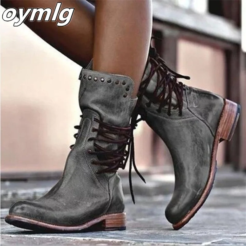 

Autumn and Winter Women's Mid length Low Heel Short Boots New Round Head Side Lacing Rivet Large Women's Boots