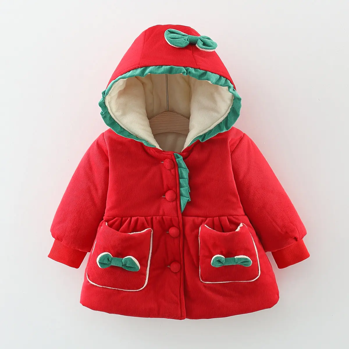 New Winter Girls' Cotton Coat Cartoon Cotton Coat Bow and Lace Contrast Button Double Pocket Children's Clothing