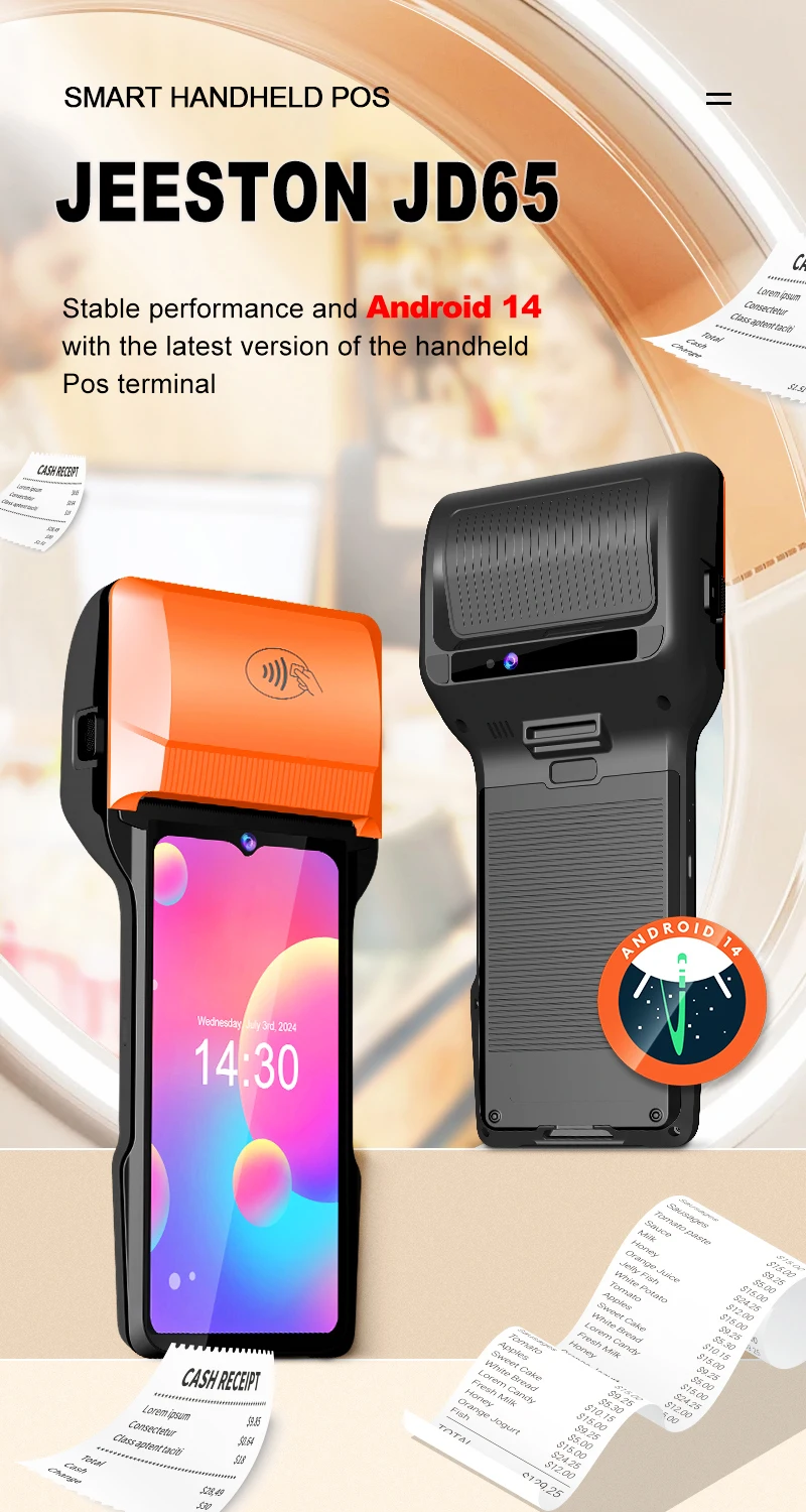6.5 inch Android 14 Mobile POS 3G+32G Memory, 2D Scanner PDA with 80mm Printer, Loyverse Shopify POS APP Supported