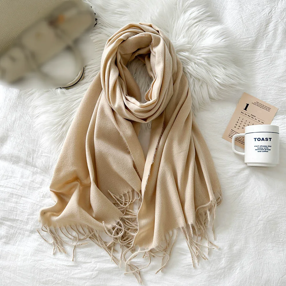 Solid Color Cashmere Scarf For Women In Winter, New European And American Camel Beige Warm Scarf, Long Shawl_voghion.com