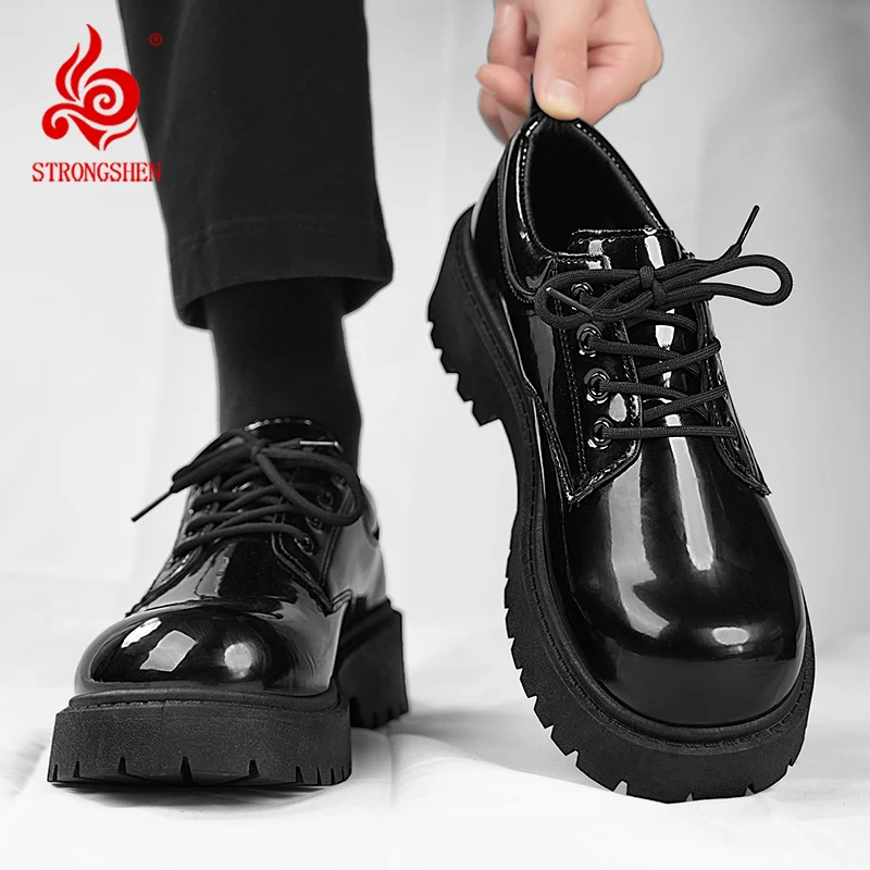 Men Patent Leather Shoes Round Toe Casual Platform Business Shoes Fashion Wedding Banquet Party Formal Dress STRONGSHEN