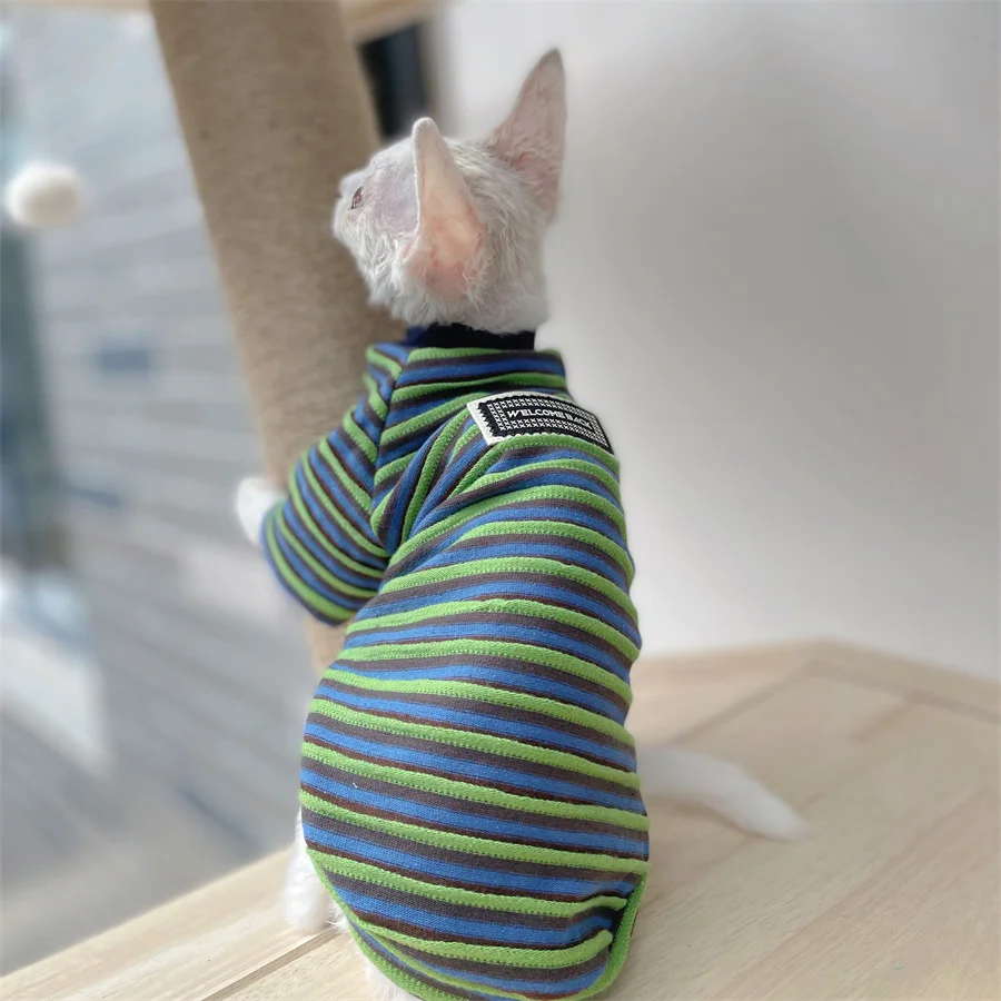 스핑크스 고양이 여름 패션을 위한 스트라이프 코튼 코트 봄에 데본 렉스를 위한 털이 없는 고양이 부드러운 라운지웨어를 위한 녹색 폴로 셔츠