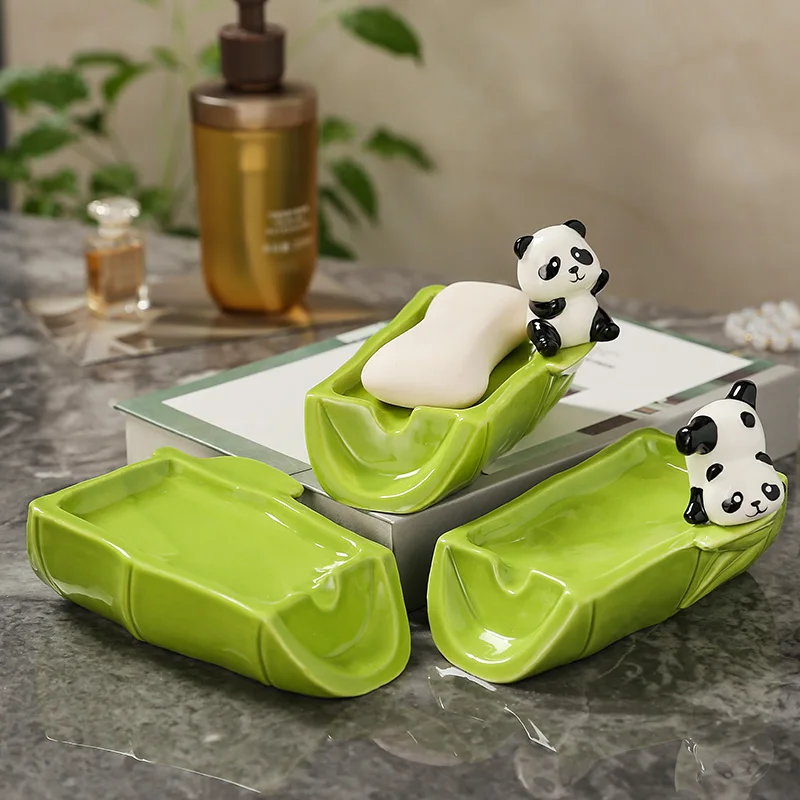 Ceramic Panda Shaped Soap Dish Storage Rack, Bathroom Supplies, Creative Light Luxury, High Beauty, Cute Drain, No Punching, 1Pc