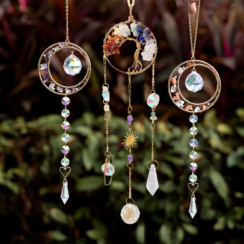 1PC Colorful Stone Tree Of Life Sun Catcher Pendant Crystal Wind Chime Outdoor Garden Light and Sun Catcher Decorative Crafts