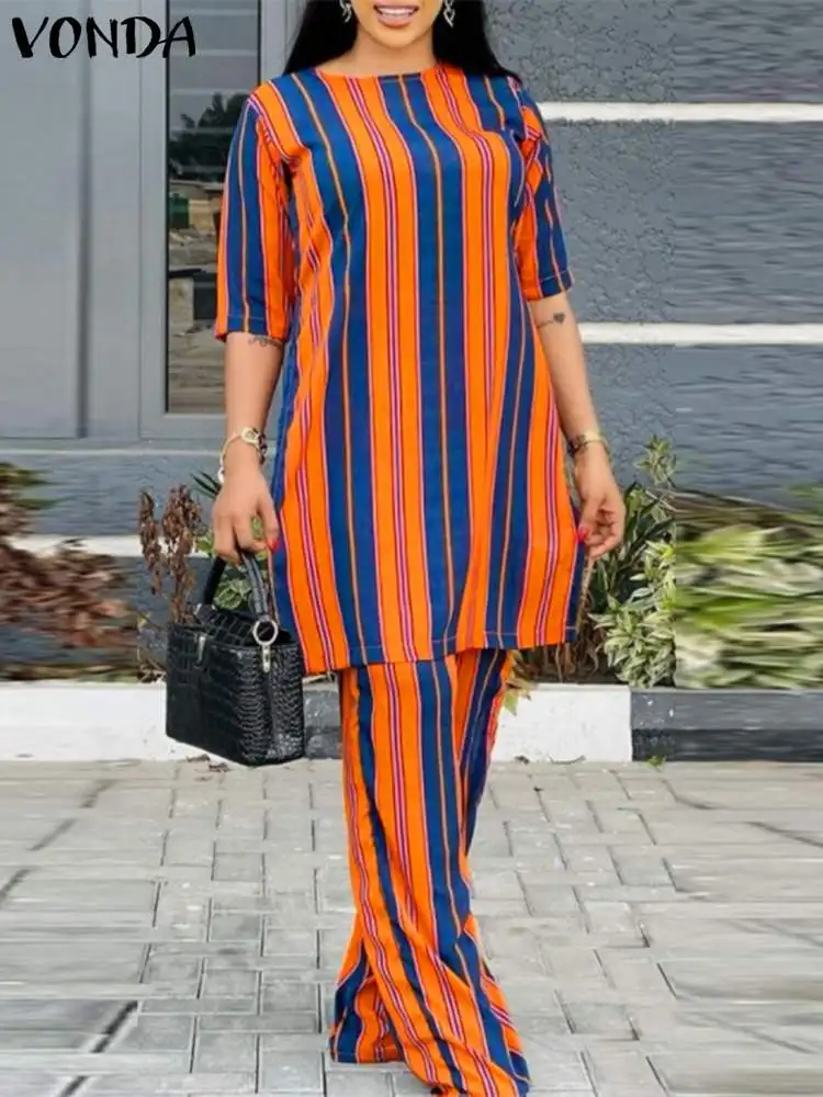 

Женский комплект одежды VONDA в богемном стиле, комплект в полоску из 2 предметов, винтажный Повседневный Свободный Топ с рукавом до локтя и брюки в стиле оверсайз, лето 2024