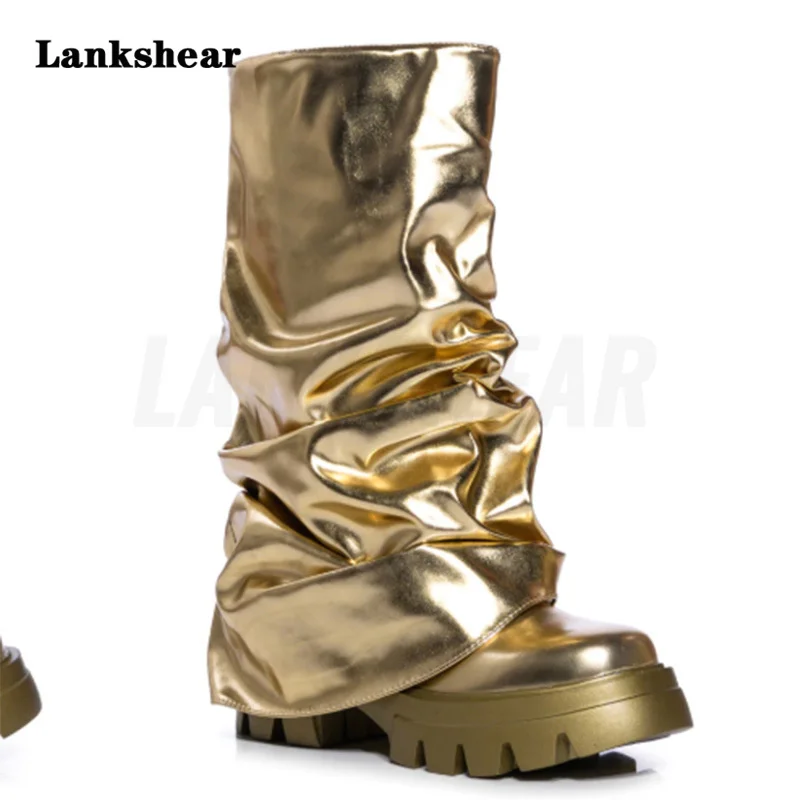 

Round Toe Thick Bottom Gold Silver Pleated Boots Fashion Slip On Large Size Fashion Catwalk Women's Boots Autumn Winter Boots