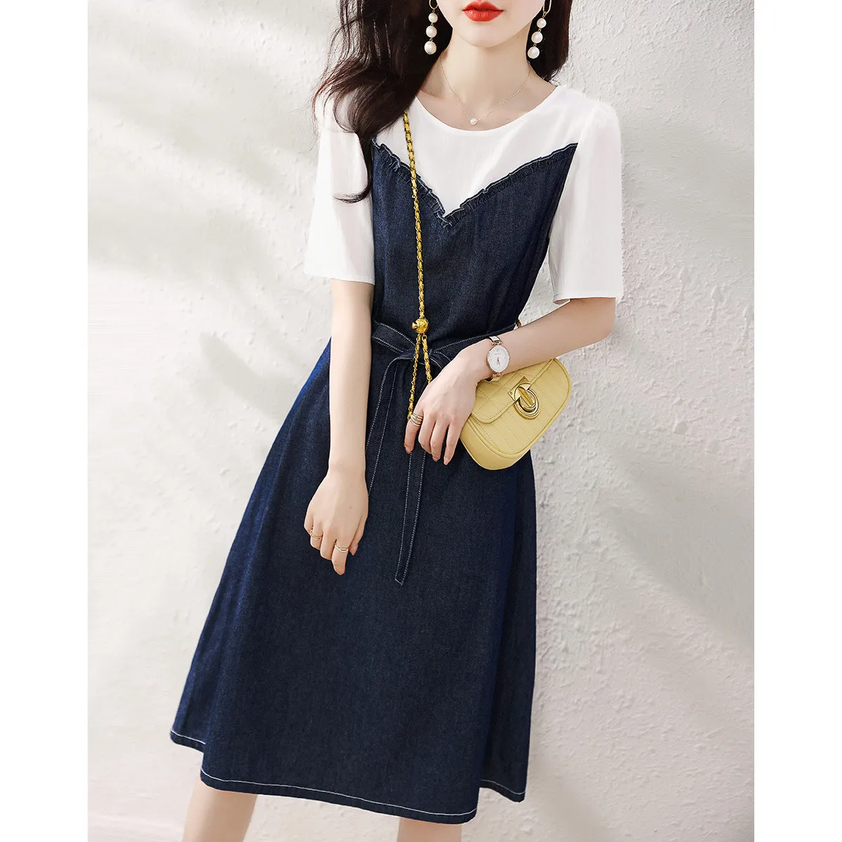 

Women's Patchwork Fungus Edge False Two Piece Dress, Summer Clothing, Office Lady, Short Sleeve Dresses, Female, New, 2024