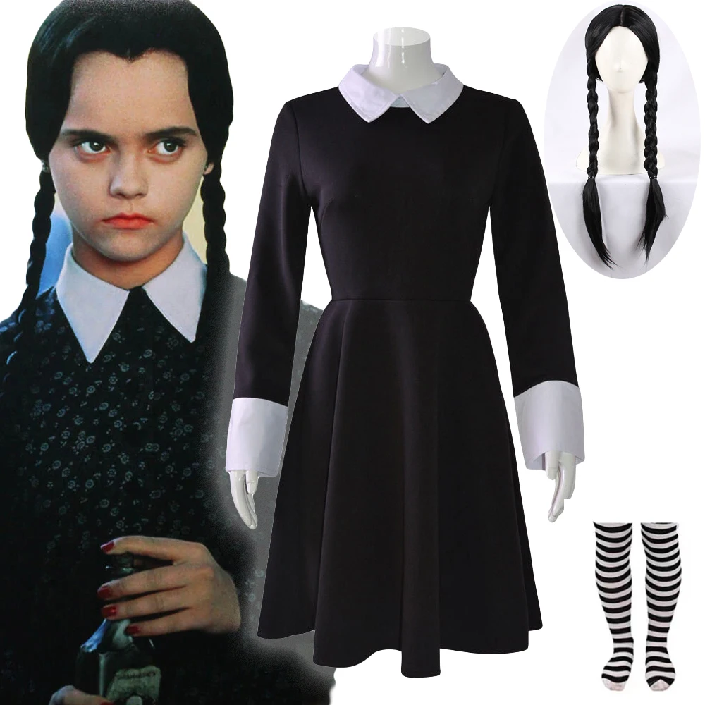 Women Kids Girls Wednesday Addams Series Cosplay Party Costume Set Dress  Bag Wigs Fancy Dress Up Gifts