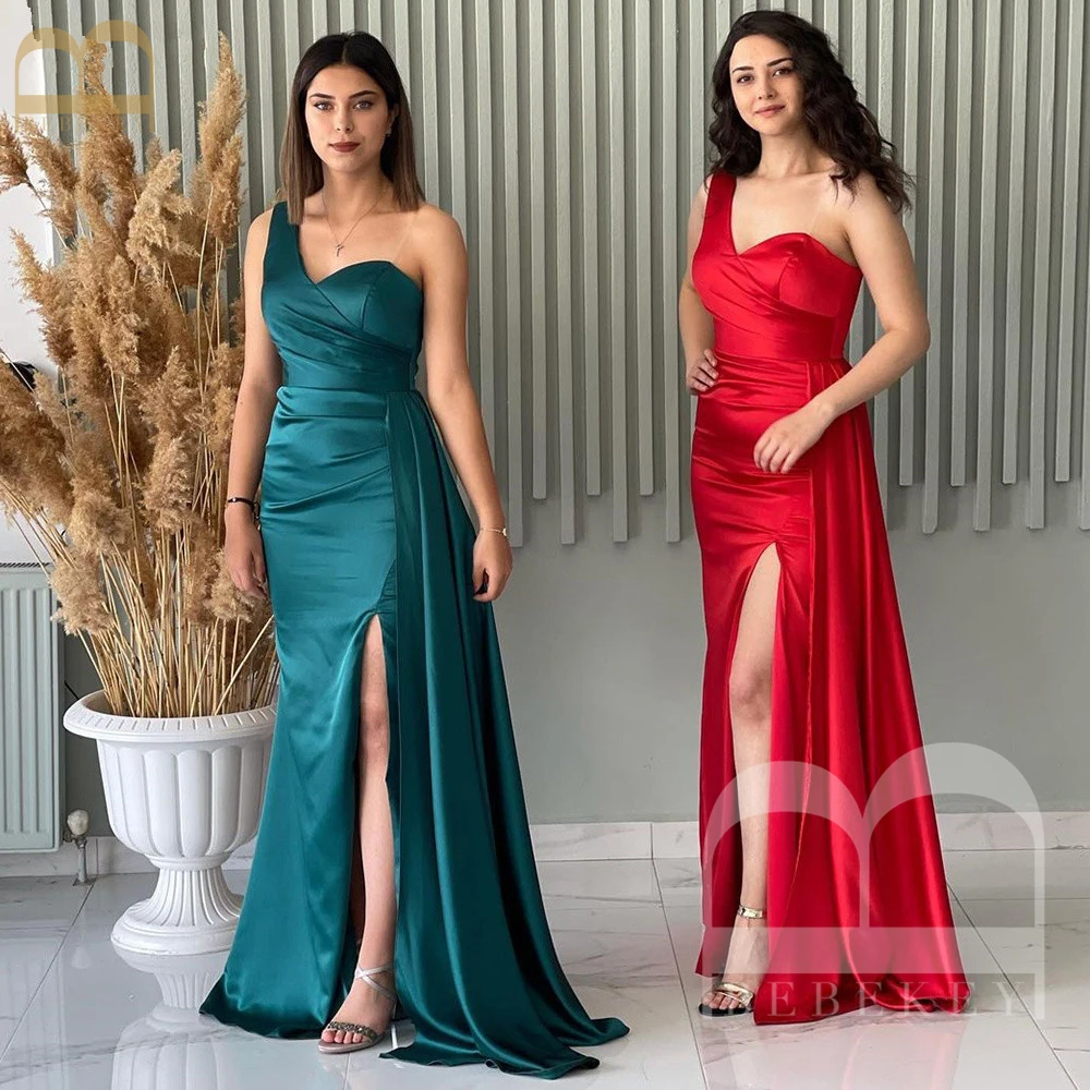 

Emerald Green Satin Dress Wedding Women One Shoulder Side Split Bridesmaids Dresses for Bridesmaid Elegant Gowns Party Weddings