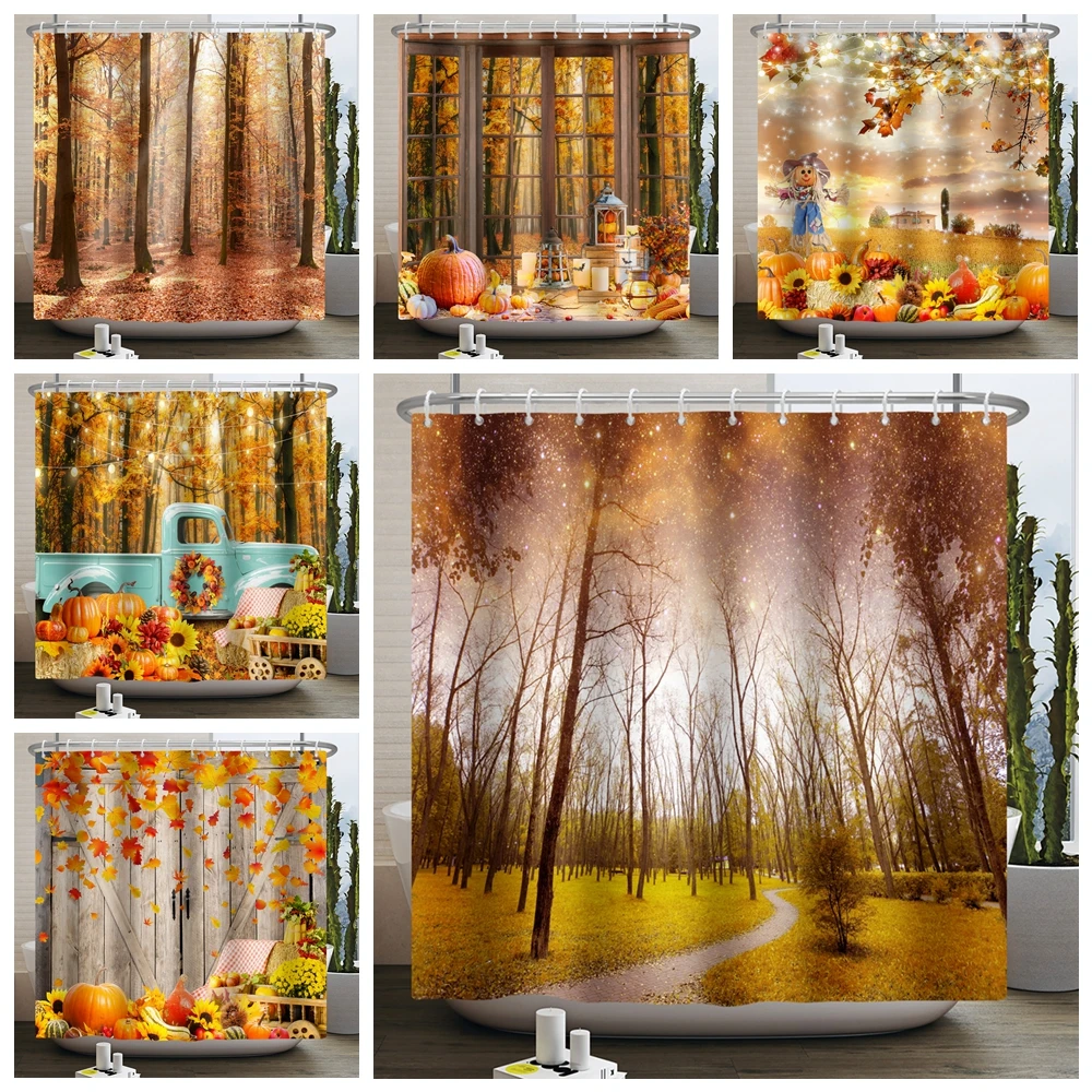 

Autumn Scene Shower Curtain Fall Forest Maple Pumpkin Thanksgiving Harvest Wheat Field Farmhouse Bathroom Curtain Waterproof