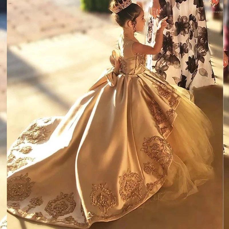 Off Shoulder Girl Wedding Dress Golden Sequin Lace Kids Party Trailing –  Avadress