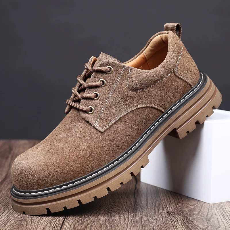 Men ML British lace-up boots platform anti-slip suede casual round toe leather shoes low help working