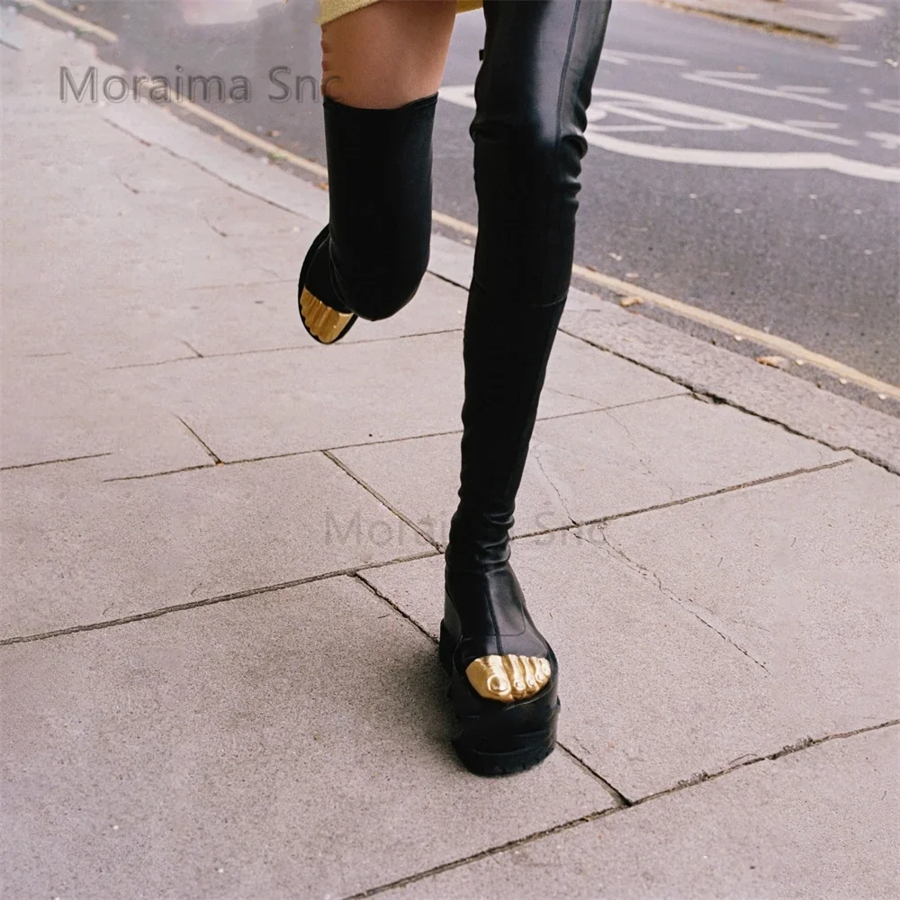 Gold Five Fingers Chunky Platform Women's Boots Ankle Boots Novelty Design Stretch Over The Knee Sock Boots Luxury Leather Boots