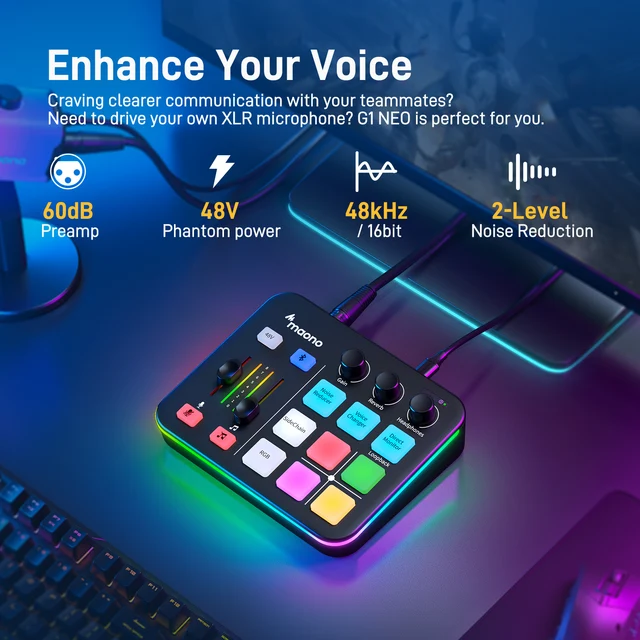 MAONO G1 NEO Gaming Audio Mixer,Custom Sound Effects RGB Streaming with XLR Microphone Audio Interface,for Game Voice,Podcast 2
