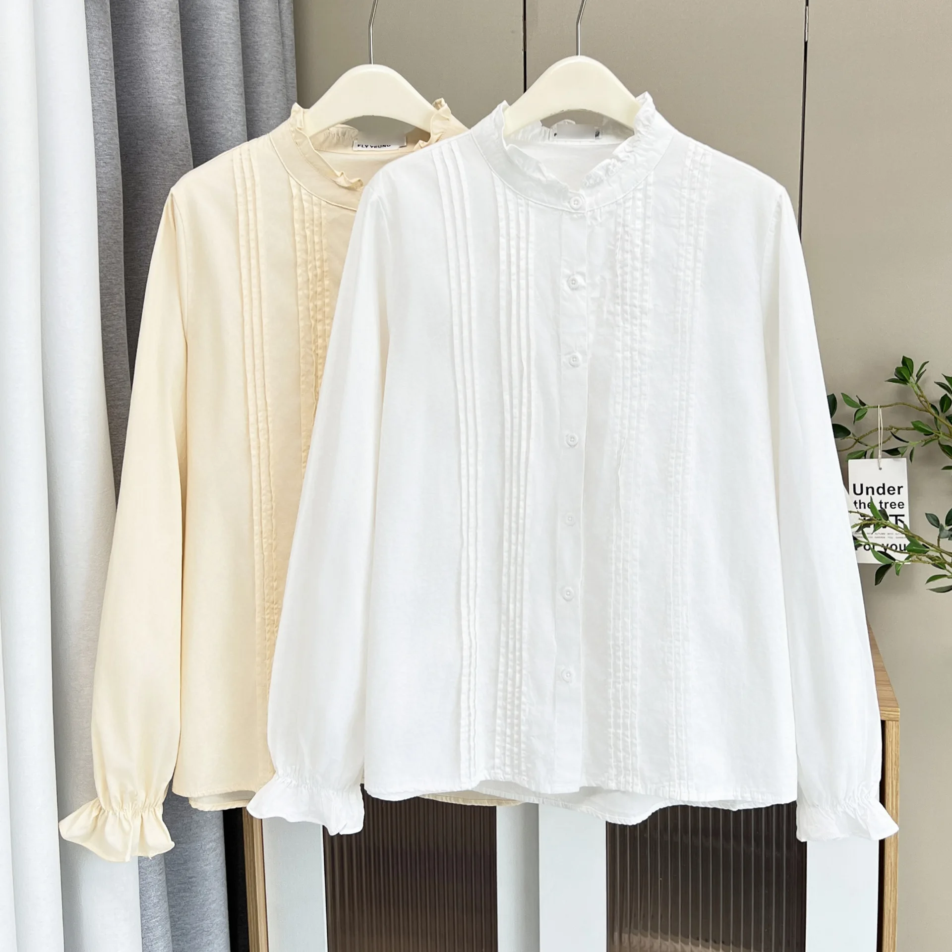 Plus Size Women's Blouses 2025 Autumn New Style Ruffled Collar Long Sleeved Shirt Casual Cotton Organ Fold Tops 9091