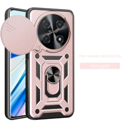 Magnetic Ring Holder Phone Case with Slide Camera Protector and Back Cover for Huawei nova 14i (SJ Rose Gold)